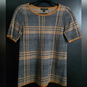 Ann Taylor Black and Orange Plaid Short Sleeve Sweater Top
